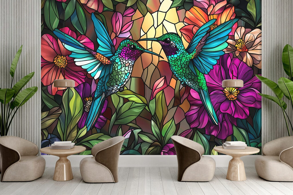 Stained glass window with colorful birds