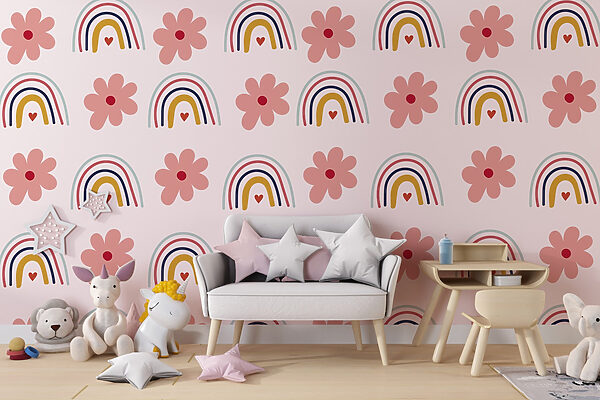 Pattern of flowers and rainbows