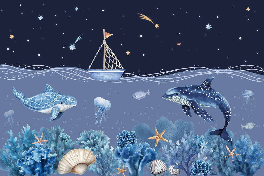 Sea life with a boat and a whale Sea life with a boat and a whale