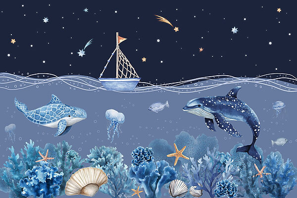 Sea life with a boat and a whale Sea life with a boat and a whale