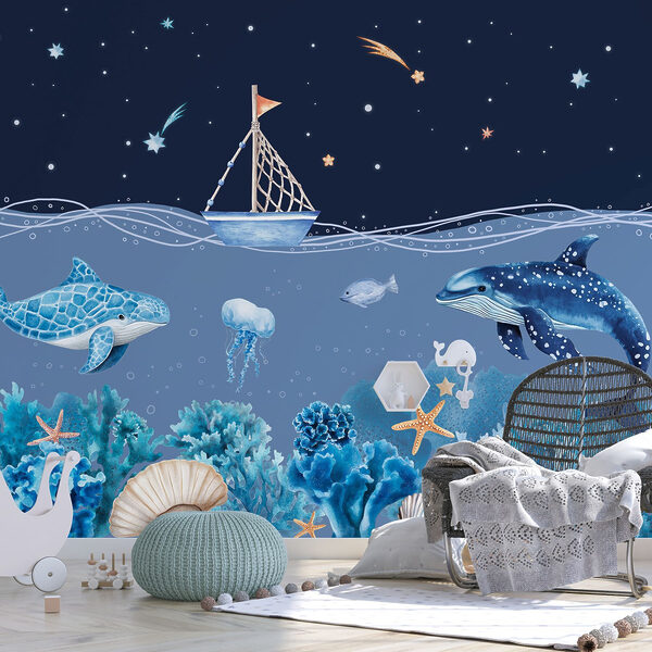 Sea life with a boat and a whale Sea life with a boat and a whale