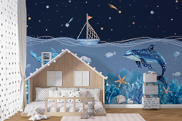 Sea life with a boat and a whale Sea life with a boat and a whale