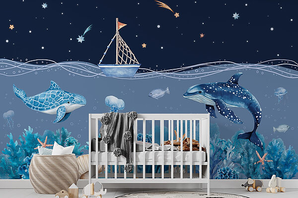 Sea life with a boat and a whale Sea life with a boat and a whale