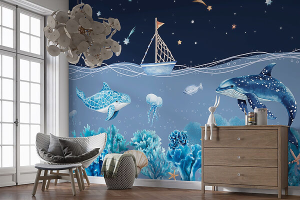 Sea life with a boat and a whale Sea life with a boat and a whale