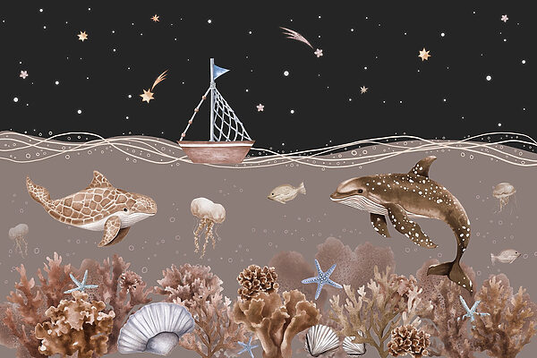 Sea life with a boat and a whale Sea life with a boat and a whale