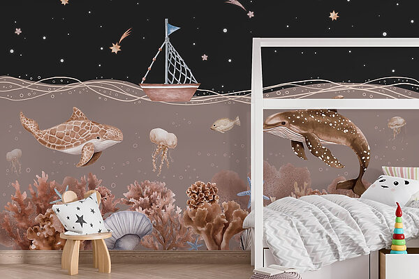 Sea life with a boat and a whale Sea life with a boat and a whale