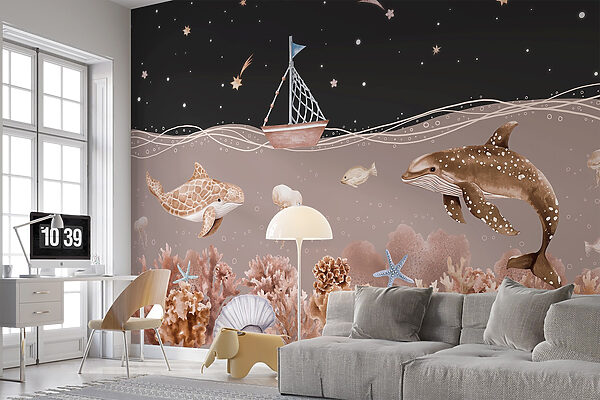 Sea life with a boat and a whale Sea life with a boat and a whale