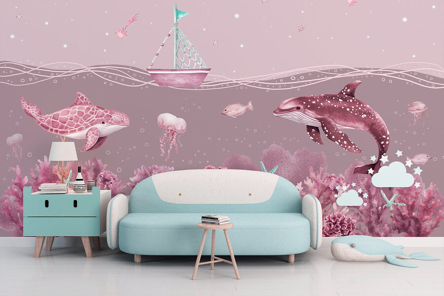 Sea life with a boat and fish