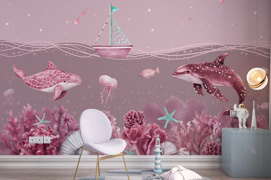 Sea life with a boat and fish