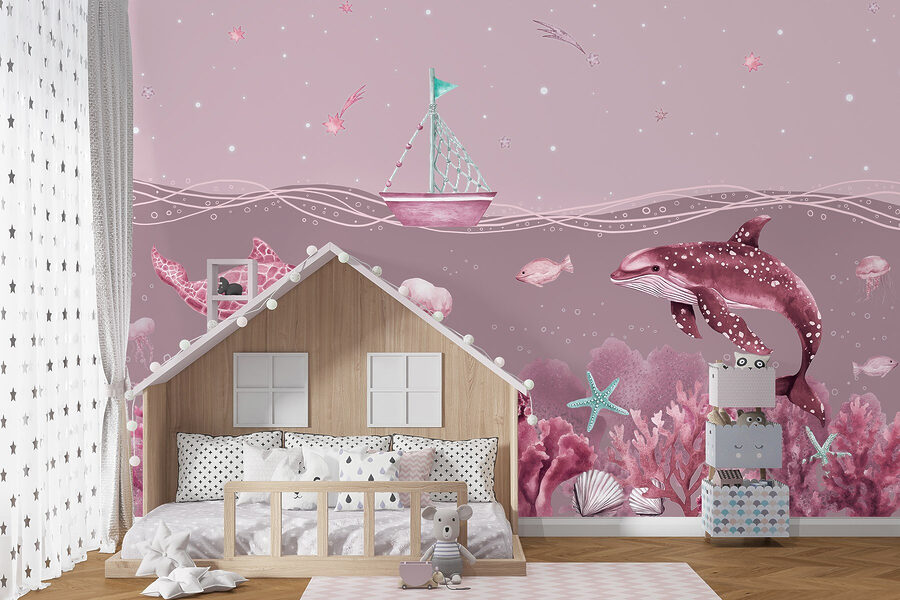 Sea life with a boat and fish