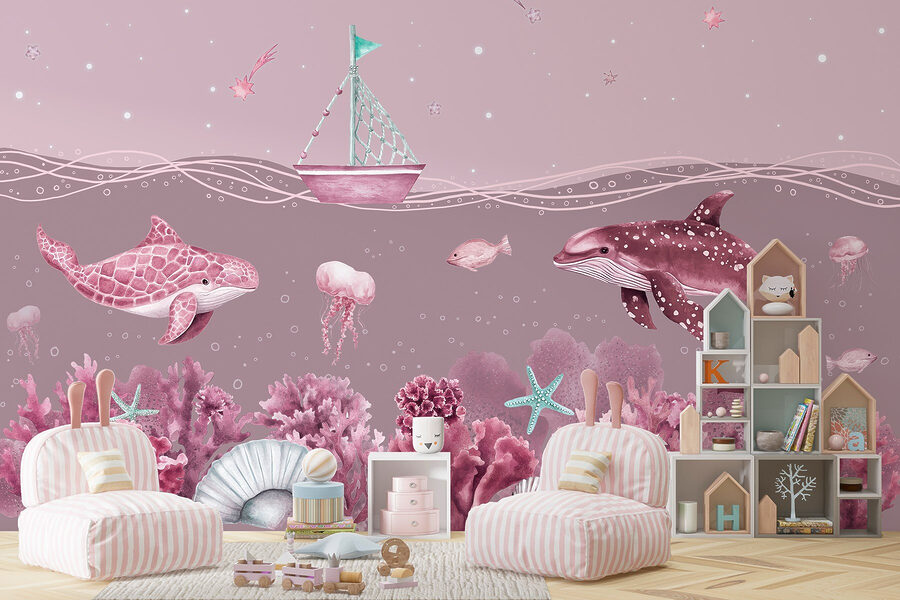 Sea life with a boat and fish