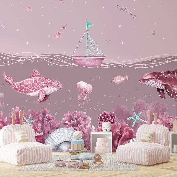 Sea life with a boat and fish Sea life with a boat and fish