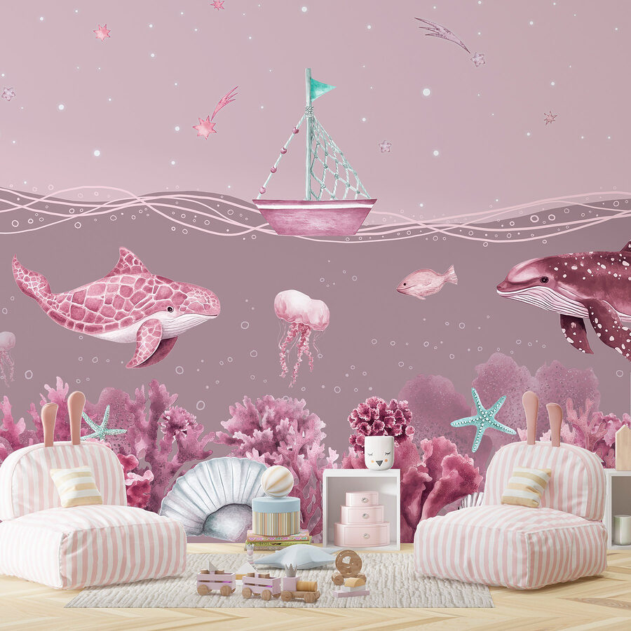 Sea life with a boat and fish