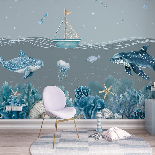 Sea life with a boat and fish Sea life with a boat and fish