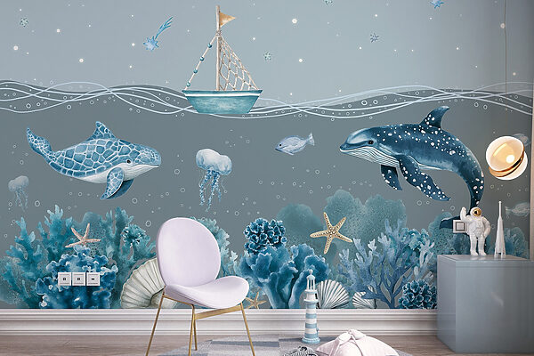 Sea life with a boat and fish Sea life with a boat and fish