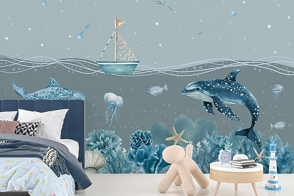 Sea life with a boat and fish Sea life with a boat and fish