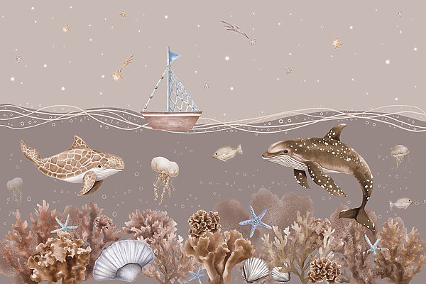 Sea life with a boat and fish Sea life with a boat and fish