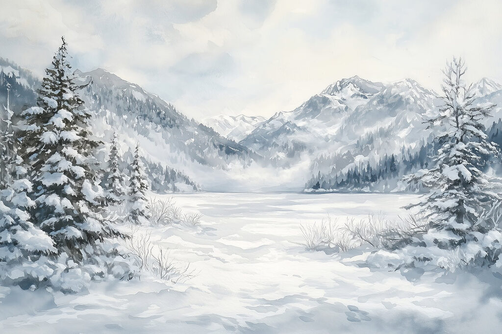 Snowy landscape with trees and mountains Snowy landscape with trees and mountains