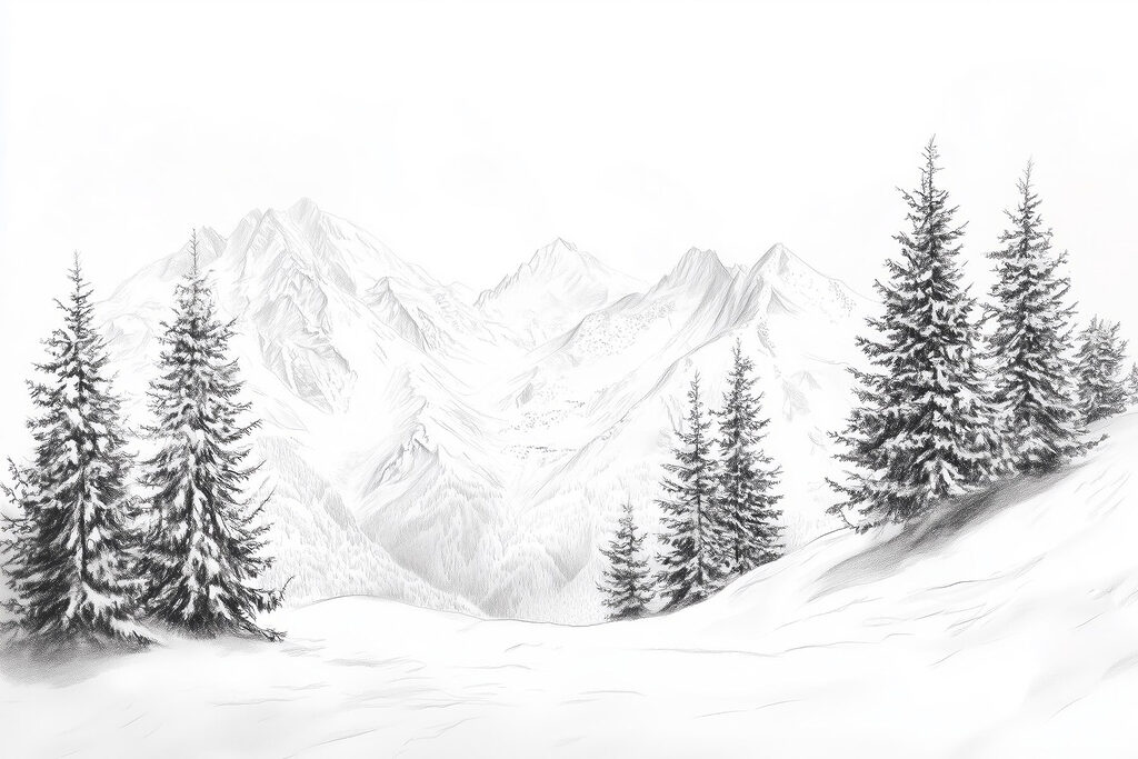 Drawing of a snowy mountain range Drawing of a snowy mountain range