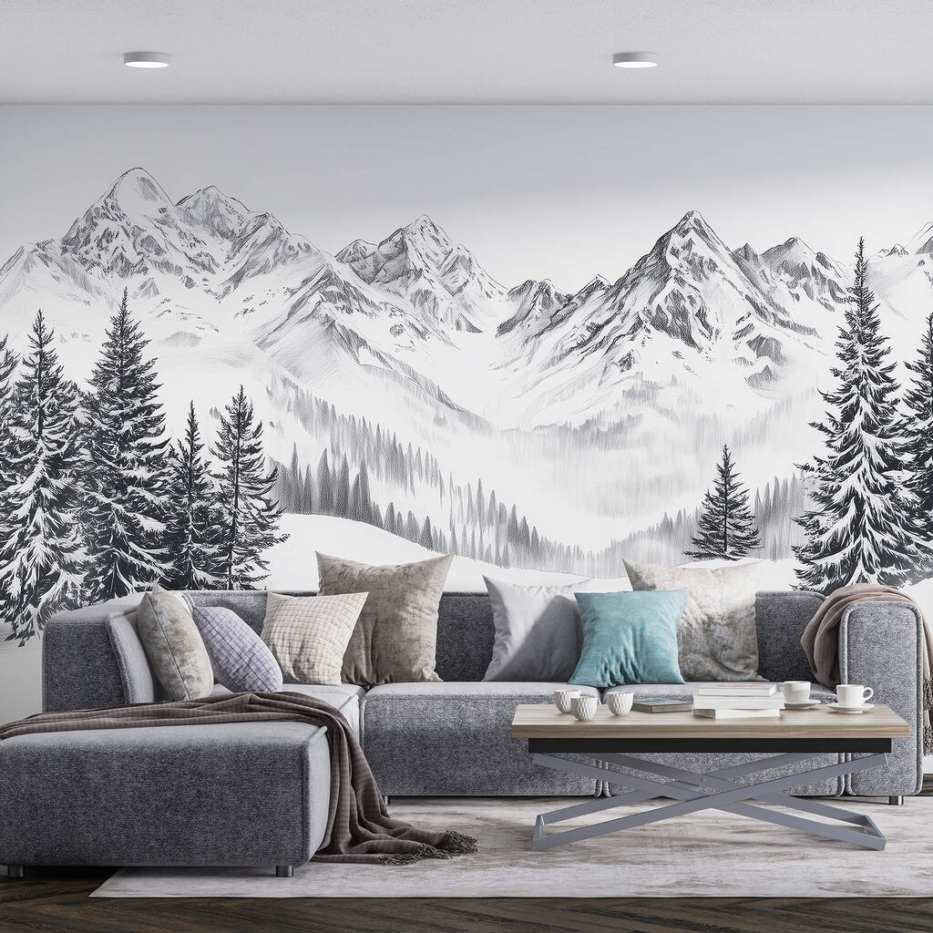 Drawing of a snowy mountain range