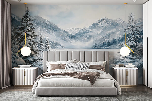 Snowy landscape with trees and mountains Snowy landscape with trees and mountains