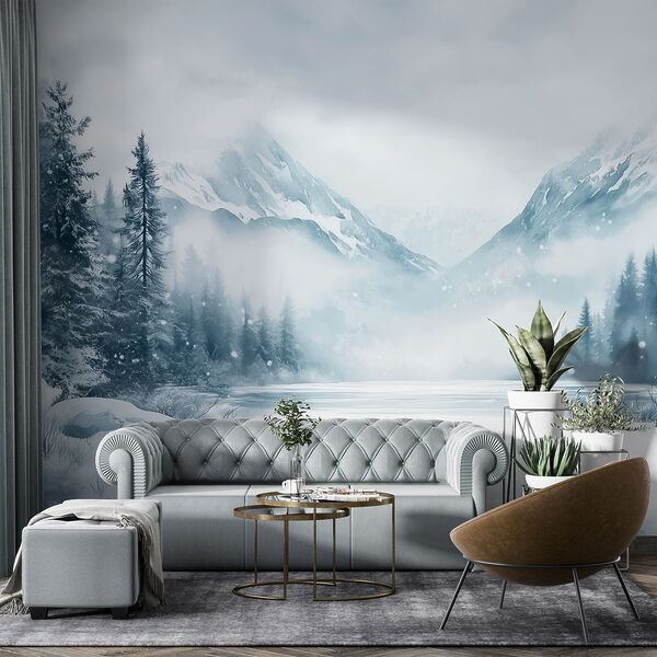 Snowy landscape with a lake and mountains