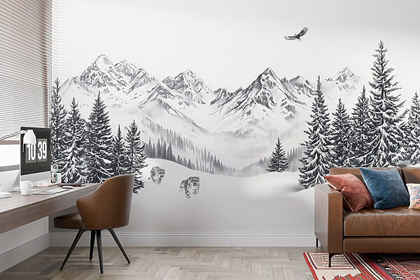 Snowy mountain landscape with trees and a bird flying over it Snowy mountain landscape with trees and a bird flying over it
