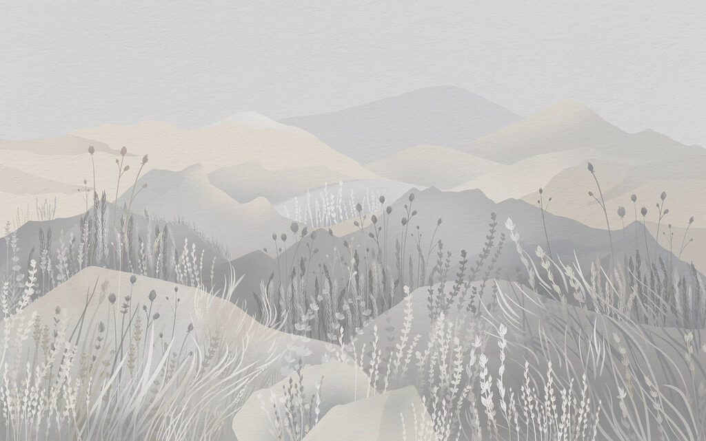 Painting of a landscape with mountains and grass Painting of a landscape with mountains and grass