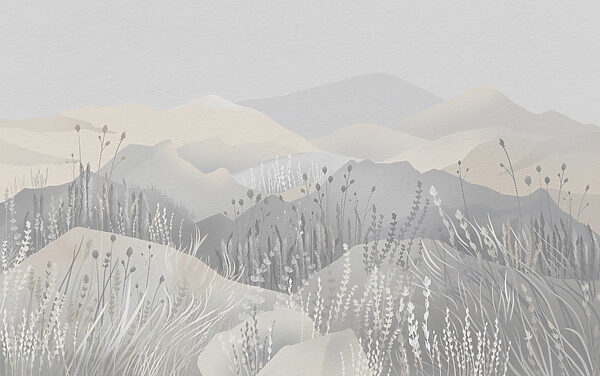 Painting of a landscape with mountains and grass Painting of a landscape with mountains and grass