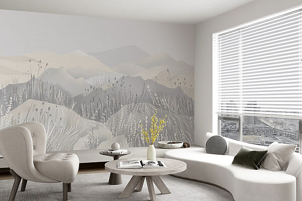 Painting of a landscape with mountains and grass Painting of a landscape with mountains and grass