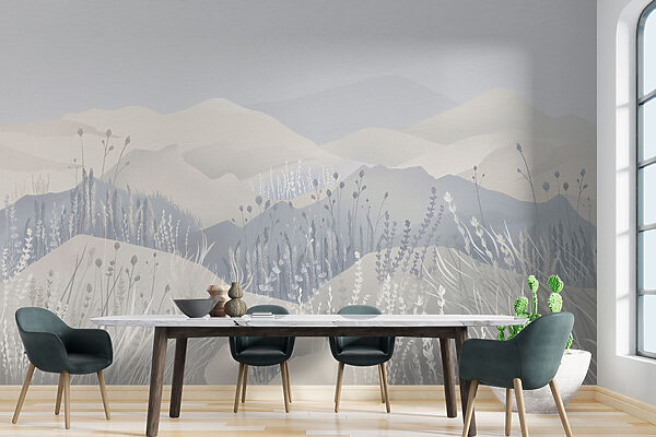 Painting of a landscape with mountains and grass Painting of a landscape with mountains and grass