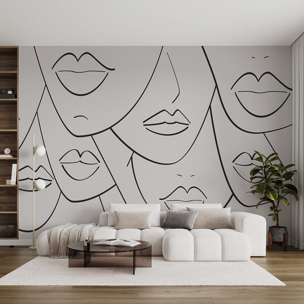 Group of faces with lips and lips drawn in black and white Wall murals Group of faces with lips and lips drawn in black and white
