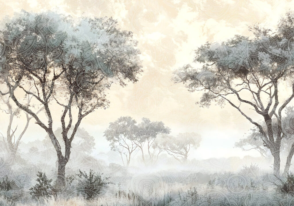 Foggy landscape with trees and plants Foggy landscape with trees and plants