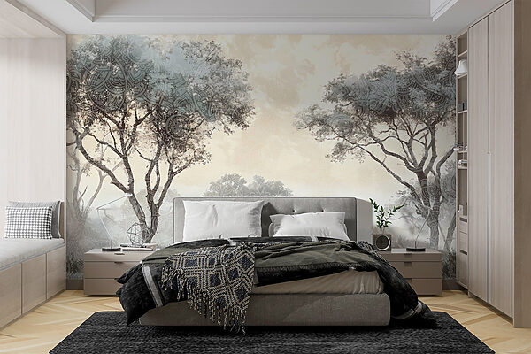 Foggy landscape with trees and plants Foggy landscape with trees and plants
