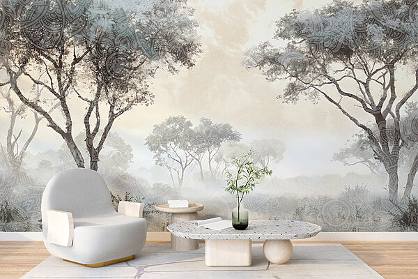 Foggy landscape with trees and plants Foggy landscape with trees and plants
