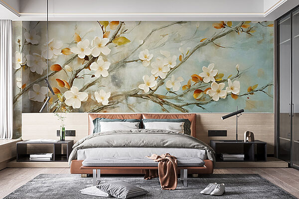 Painting of a branch with white flowers Painting of a branch with white flowers