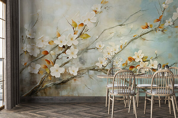 Painting of a branch with white flowers Painting of a branch with white flowers