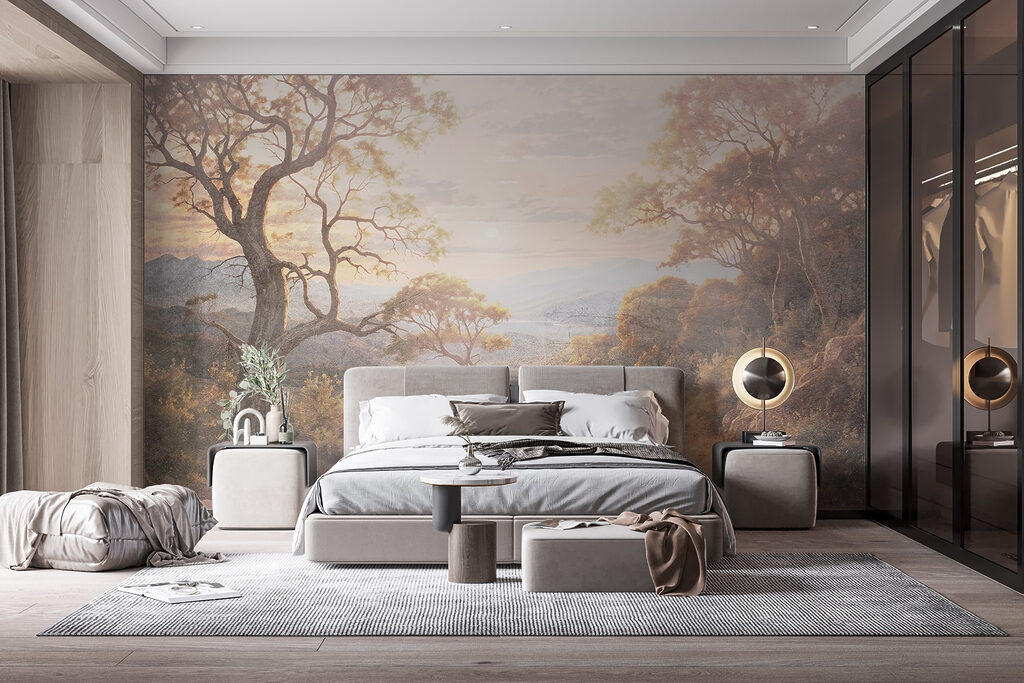 Dirt road with trees and mountains in the background