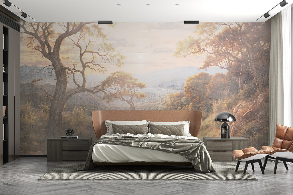 Dirt road with trees and mountains in the background