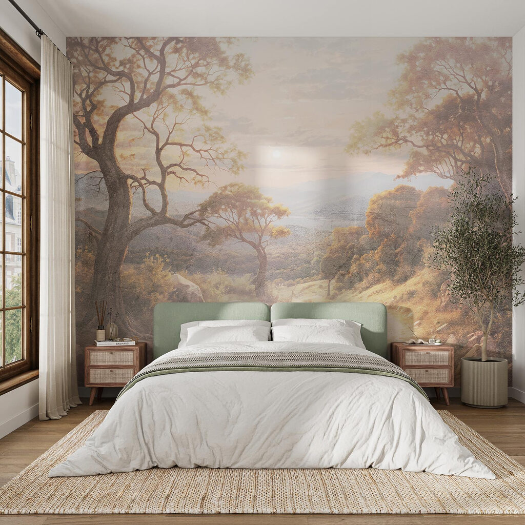 Dirt road with trees and mountains in the background