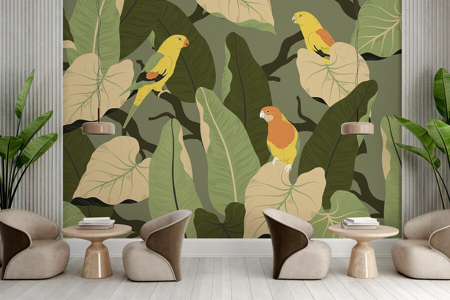 Colorful birds on a tree branch