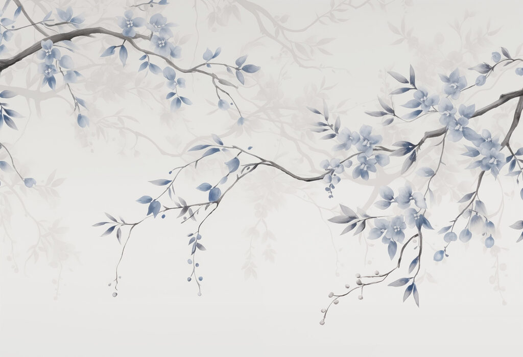 Branch with blue flowers and leaves Branch with blue flowers and leaves