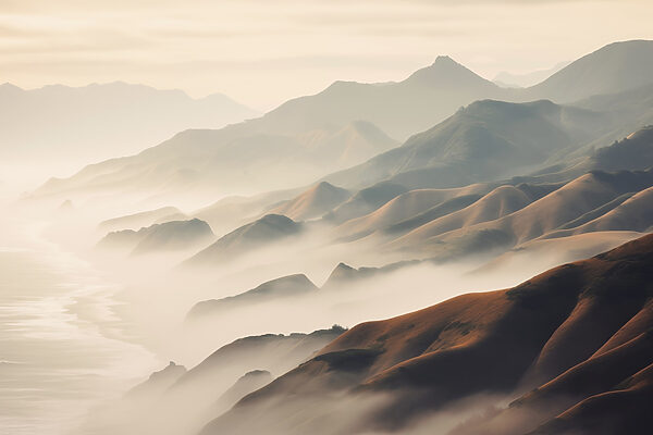 Foggy mountains with hills and water Foggy mountains with hills and water
