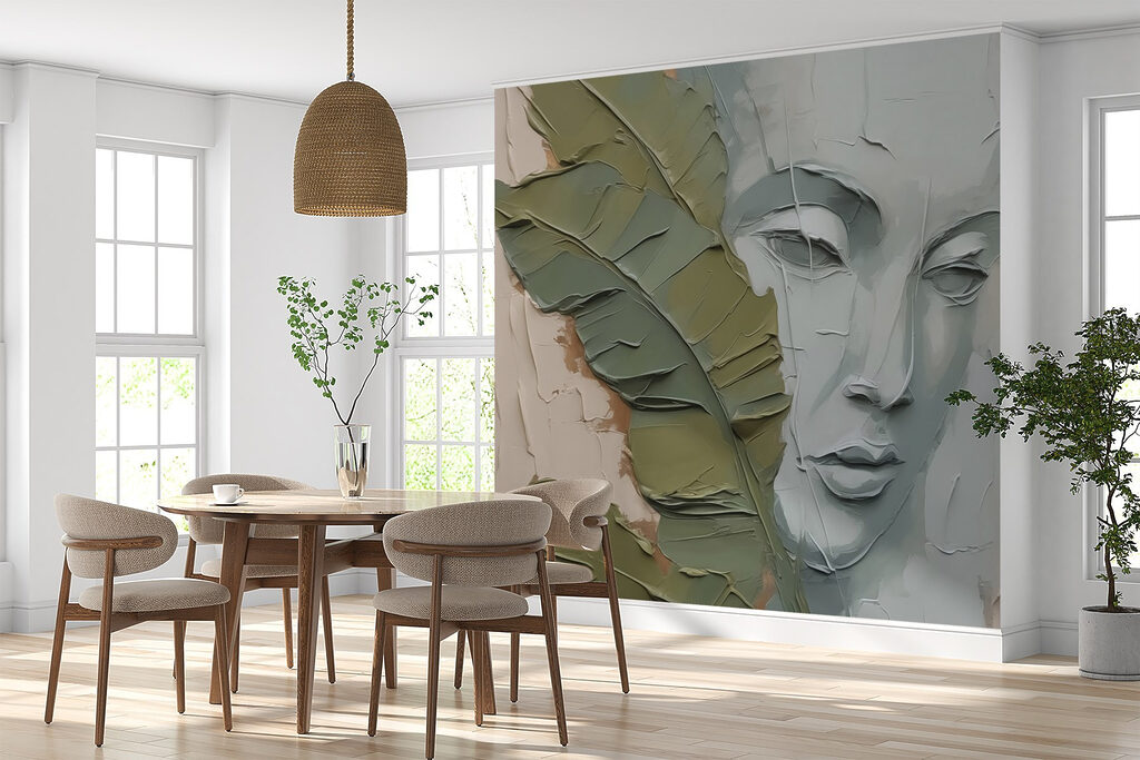 Painting of a face and a leaf