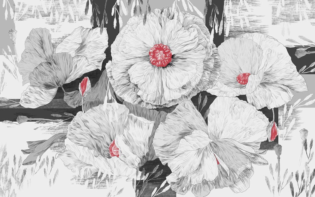 Group of white flowers with red center Group of white flowers with red center