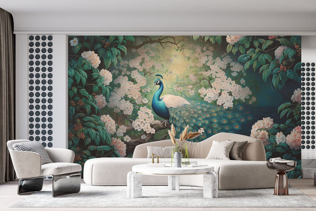 Painting of a peacock on a tree branch Painting of a peacock on a tree branch