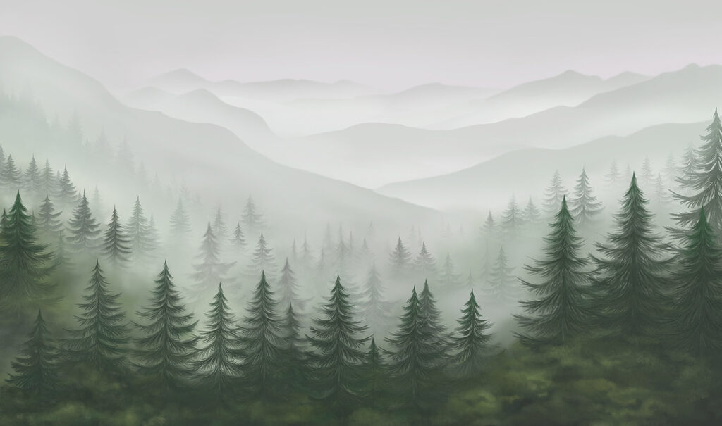 Foggy landscape with trees and mountains Foggy landscape with trees and mountains