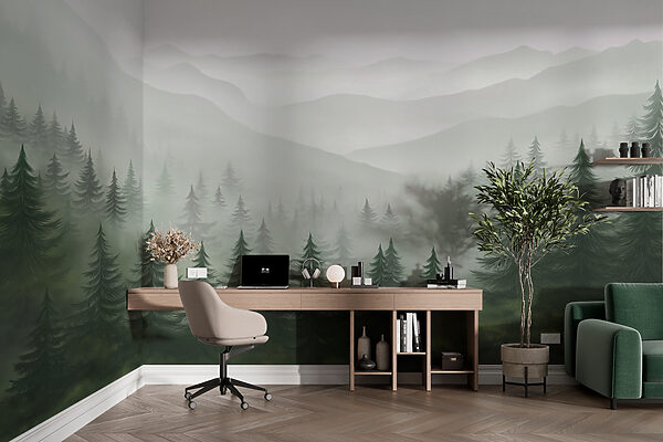 Foggy landscape with trees and mountains Foggy landscape with trees and mountains