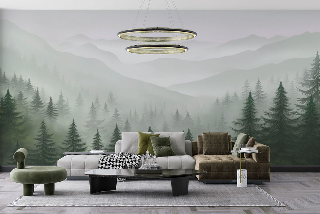 Foggy landscape with trees and mountains Foggy landscape with trees and mountains