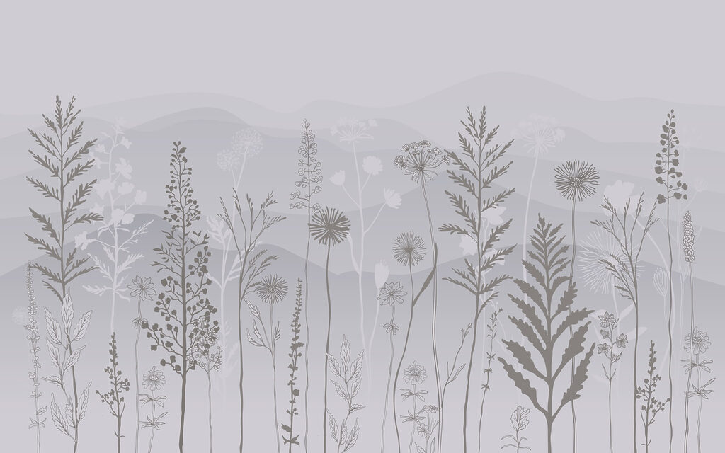 Grey and white background with plants and mountains Grey and white background with plants and mountains